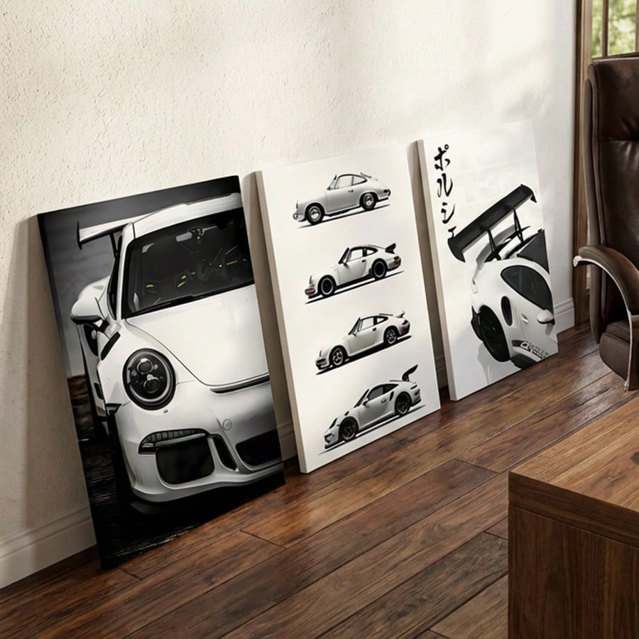 3Pcs/Set Optional Frame,Modern Sports Car Canvas Wall Art – Sleek White Car Prints, Minimalist Room Decor For Living Room, Bedroom & Hallway - Image 9