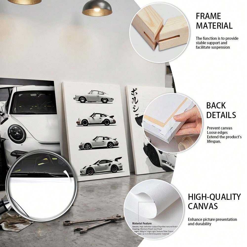 3Pcs/Set Optional Frame,Modern Sports Car Canvas Wall Art – Sleek White Car Prints, Minimalist Room Decor For Living Room, Bedroom & Hallway - Image 3