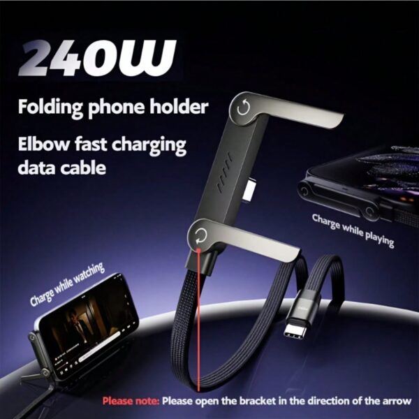 65W-240W Foldable Fast Charging Cable With Adjustable Phone Stand, Dual Type-C & USB-C Super Fast Charging, Bend-Proof Design, Compatible With Apple 15-17 Series, S, Suitable For Car And Home Use