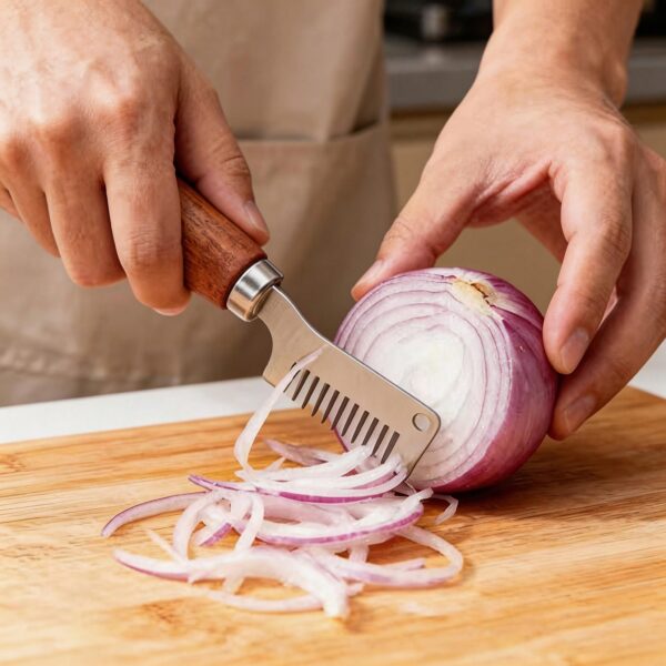 A Wooden Handle Chopper For Cutting Scallions, An Efficient Tool For Evenly Chopping Herbs And Garlic, Perfect For Home And Restaurant Meal Prep
