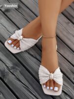New Arrival Women's Sandals, Flat Square Toe Design, Fresh Bow Accent, High-End Gold-Tone Hardware, Slip-On Style, Lightweight & Comfortable, Mix & Match , Suitable For Home, Spring/Summer Outdoor, Casual Country Vacation, Street Fashion Beach Slippers - Image 5