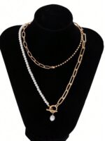 1pc Fashion Long Beaded Chain Multilayer Necklace, Vintage Pearl Clasp Necklace, Suitable For Women's Daily, Date, Vacation, Wedding, Holiday Wear, Casual And Special Occasions, Birthday Gift, Mother's Day, Valentine's Day [Chain Order Random], Pearl Shape Random - Image 2