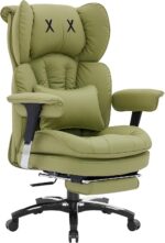 Efomao Desk Office Chair, Heavy Duty 200kg Big and Tall Executive Computer Chair, Unique XX Embroidery Ergonomic High Back PU Leather Chair with Retractable Footrest, Olive Green