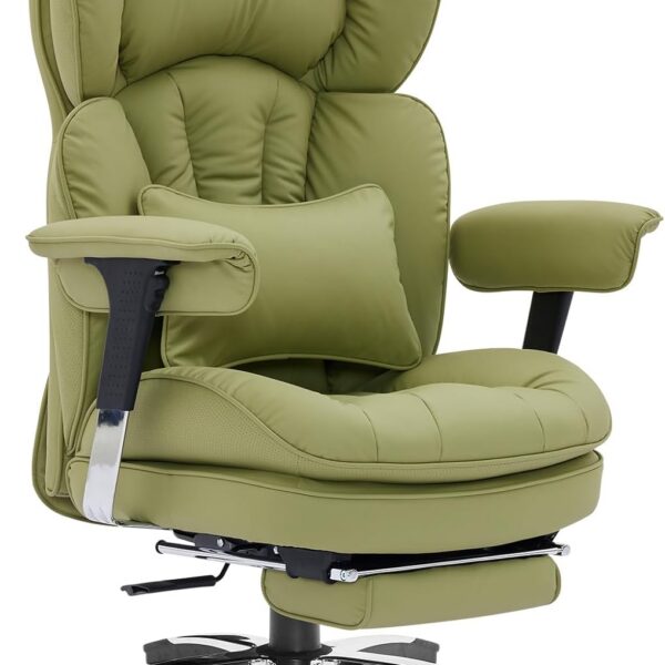 Efomao Desk Office Chair, Heavy Duty 200kg Big and Tall Executive Computer Chair, Unique XX Embroidery Ergonomic High Back PU Leather Chair with Retractable Footrest, Olive Green