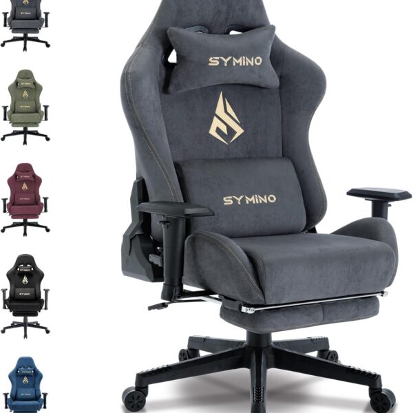 Symino Gaming Chair, Computer Chair with Footrest, Headrest and Lumbar Support, Ergonomic PC Chair, Height Adjustable Rotating Task Chairs, Gray