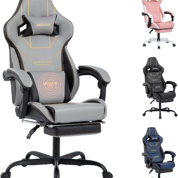 Gaming Chair, Ergonomic Gaming Chair, Computer Chair with Headrest and Lumbar, Racing Computer Chairs, Height Adjustable Rotating PC Chairs, Grey Black