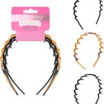 Brushworks Zig-Zag Headband 3-Pack – Retro-Modern Hair Accessory (Shiny Black, Matte Black, Tortoise) – Durable, Comfortable Grip