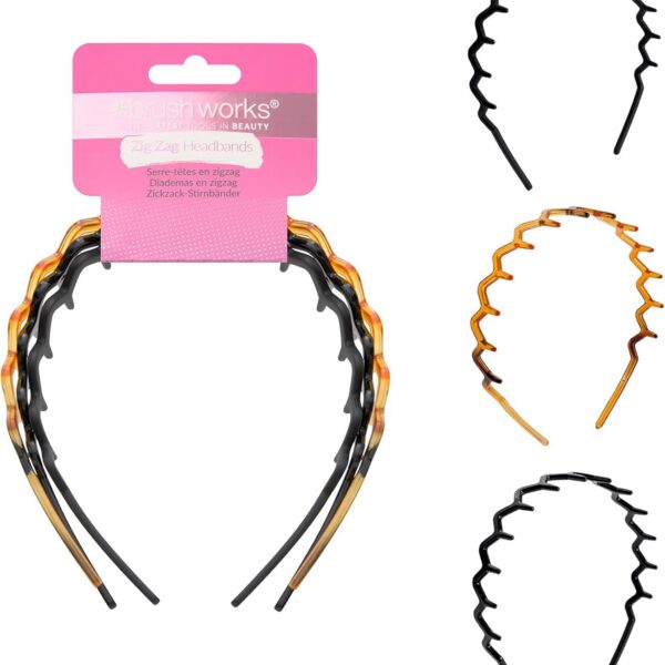 Brushworks Zig-Zag Headband 3-Pack – Retro-Modern Hair Accessory (Shiny Black, Matte Black, Tortoise) – Durable, Comfortable Grip