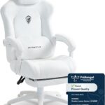 Dowinx Gaming Chair Ergonomic with Adjustable Massage Lumbar Cushion, Soft Microfiber Velvet Office Chair, Thick Padded Seat, Retractable Footrest, Adjustable Armrests, 155° Reclining Backrest, White