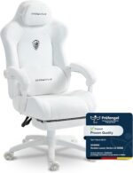 Dowinx Gaming Chair Ergonomic with Adjustable Massage Lumbar Cushion, Soft Microfiber Velvet Office Chair, Thick Padded Seat, Retractable Footrest, Adjustable Armrests, 155° Reclining Backrest, White