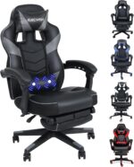 PULUOMIS Gaming Chair, Video Game Chairs for Adults with Footrest, Ergonomic Massage 150° Reclining Gaming Computer Desk Chair, PU Leather Office Chair for Home with Headrest Lumbar, Grey