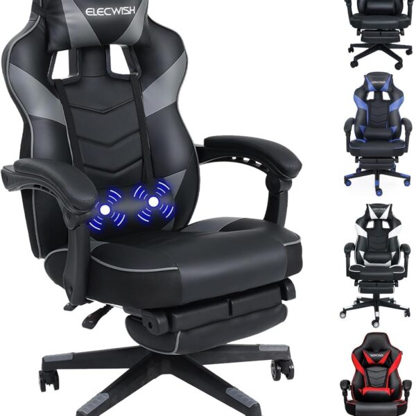 PULUOMIS Gaming Chair, Video Game Chairs for Adults with Footrest, Ergonomic Massage 150° Reclining Gaming Computer Desk Chair, PU Leather Office Chair for Home with Headrest Lumbar, Grey