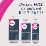 Veet Expert Waxing Strips for Sensitive Skin - 20 Cold Wax Strips & 4 Finish Wipes for Eyebrow, Facial Hair Removal - Hydrating, Exfoliating, Ideal for Face