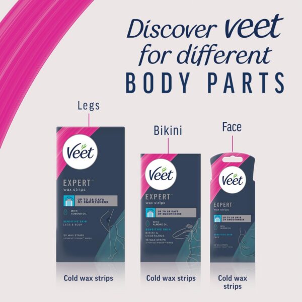 Veet Expert Waxing Strips for Sensitive Skin - 20 Cold Wax Strips & 4 Finish Wipes for Eyebrow, Facial Hair Removal - Hydrating, Exfoliating, Ideal for Face