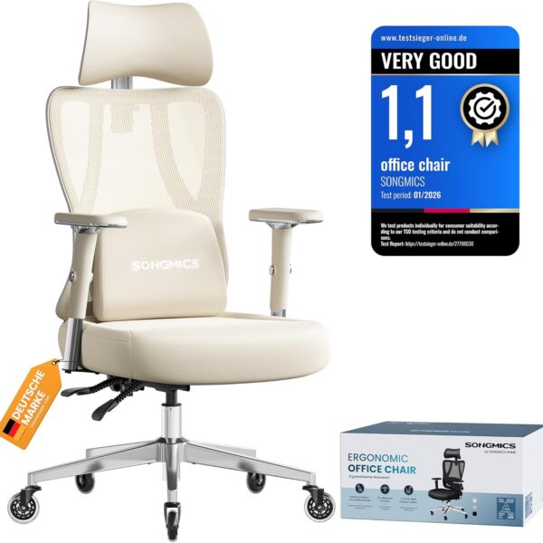 SONGMICS Ergonomic Office Chair, Height Adjustable Desk Chair, Gaming Chair with Adjustable Lumbar Support, Headrest, Armrests, Reclining Backrest, Loads 150 kg, Camel Brown and Cloud White OBN067LJ02
