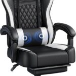 Yaheetech Gaming Chair, Ergonomic Racing Gaming Chair with Massage Lumbar Pillow, High-Back Office Chair with Slide-Out Footrest and Padded Linkage Armrests for Adults (Black/White)