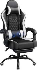 Yaheetech Gaming Chair, Ergonomic Racing Gaming Chair with Massage Lumbar Pillow, High-Back Office Chair with Slide-Out Footrest and Padded Linkage Armrests for Adults (Black/White)