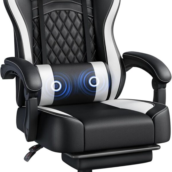 Yaheetech Gaming Chair, Ergonomic Racing Gaming Chair with Massage Lumbar Pillow, High-Back Office Chair with Slide-Out Footrest and Padded Linkage Armrests for Adults (Black/White)