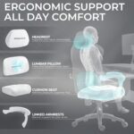 Dowinx Gaming Chair Ergonomic with Adjustable Massage Lumbar Cushion, Soft Microfiber Velvet Office Chair, Thick Padded Seat, Retractable Footrest, Adjustable Armrests, 155° Reclining Backrest, White - Image 8