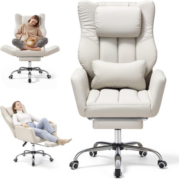 Warmiehomy Big and Tall Office Chair for Home, Cross Legged Office Chair with Footrest, Ergonomic Heavy Duty Office Chair with 155° Recline & Armrests, Computer Desk Chair 72 * 50 * 120CM (White)