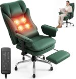Warmiehomy Massage Office Chair with 4-Point Heated, 155° Reclining, Ergonomic Office Chair with Footrest & Lumbar Pillow, Heavy Duty Executive Computer Chair for Home Office (Tech Fabric, Green) - Image 2