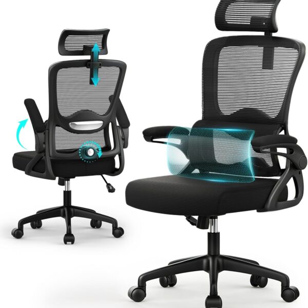 Office Chair, Ergonomic Desk Chair with 2D Lumbar Support and Adjustable Headrest, Swivel Computer Chair with Padded Flip-up Armrests & Thickened Seat,High Back Executive Chair for Home Office