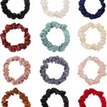 12 Pcs Satin Hair Scrunchies for Women Girls, Elastic Silk Hair Bands Skinny Hair Ties Soft Satin Scrunchies for Hair Accessories