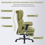 Efomao Desk Office Chair, Heavy Duty 200kg Big and Tall Executive Computer Chair, Unique XX Embroidery Ergonomic High Back PU Leather Chair with Retractable Footrest, Olive Green - Image 4