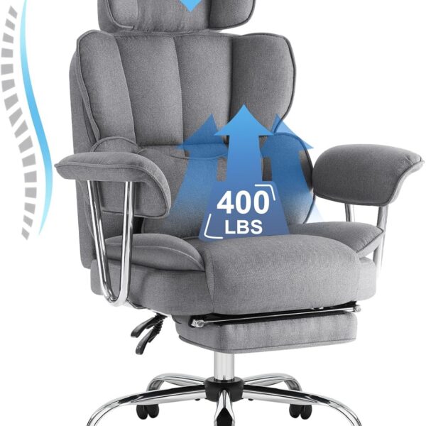 IWMH Executive Office Chair with Footrest, Big and Tall Ergonomic Desk Chair, Heavy Duty Computer Chairs 200KG with Adjustable Headrest, Armrests, Lumbar Support, High Back (Grey)