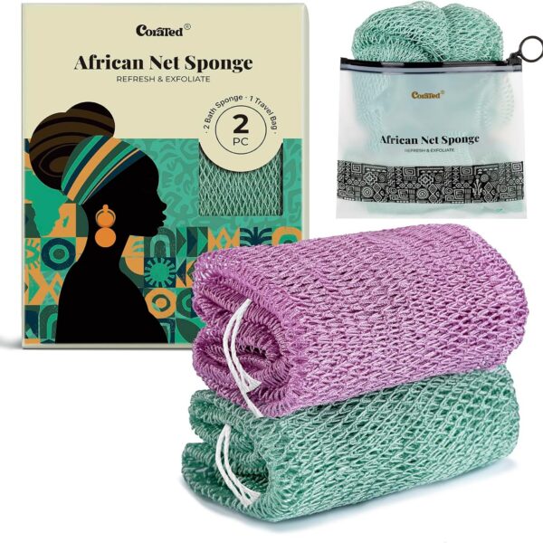 CORATED 2pcs African Exfoliating Net Sponge - Bath & Shower Net Sponges, Scrubbing Net Body, Beauty Skin Cleaning for Shower SPA Massage (Light Purple & Light Green)