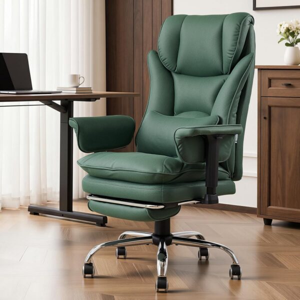 Warmiehomy Massage Office Chair with 4-Point Heated, 155° Reclining, Ergonomic Office Chair with Footrest & Lumbar Pillow, Heavy Duty Executive Computer Chair for Home Office (Tech Fabric, Green)