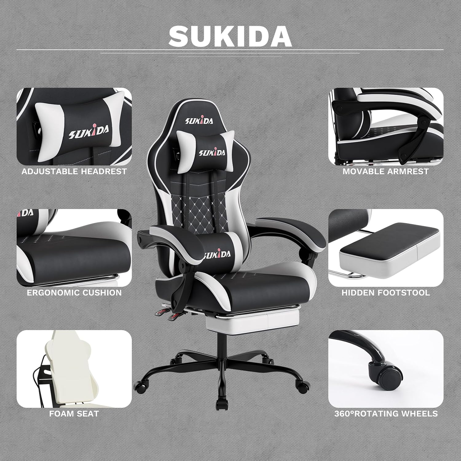 81Z55Mg8ndL._AC_SL1500_ SUKIDA Gaming Chair, Ergonomic Computer Chairs with Footrest, Comfy Office Chair with Headrest, Massage Gaming Chair for Adult, Height Adjustable Pc Chair, 360° Swivel - Image 1