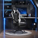 Yaheetech Gaming Chair, Ergonomic Racing Gaming Chair with Massage Lumbar Pillow, High-Back Office Chair with Slide-Out Footrest and Padded Linkage Armrests for Adults (Black/White) - Image 2