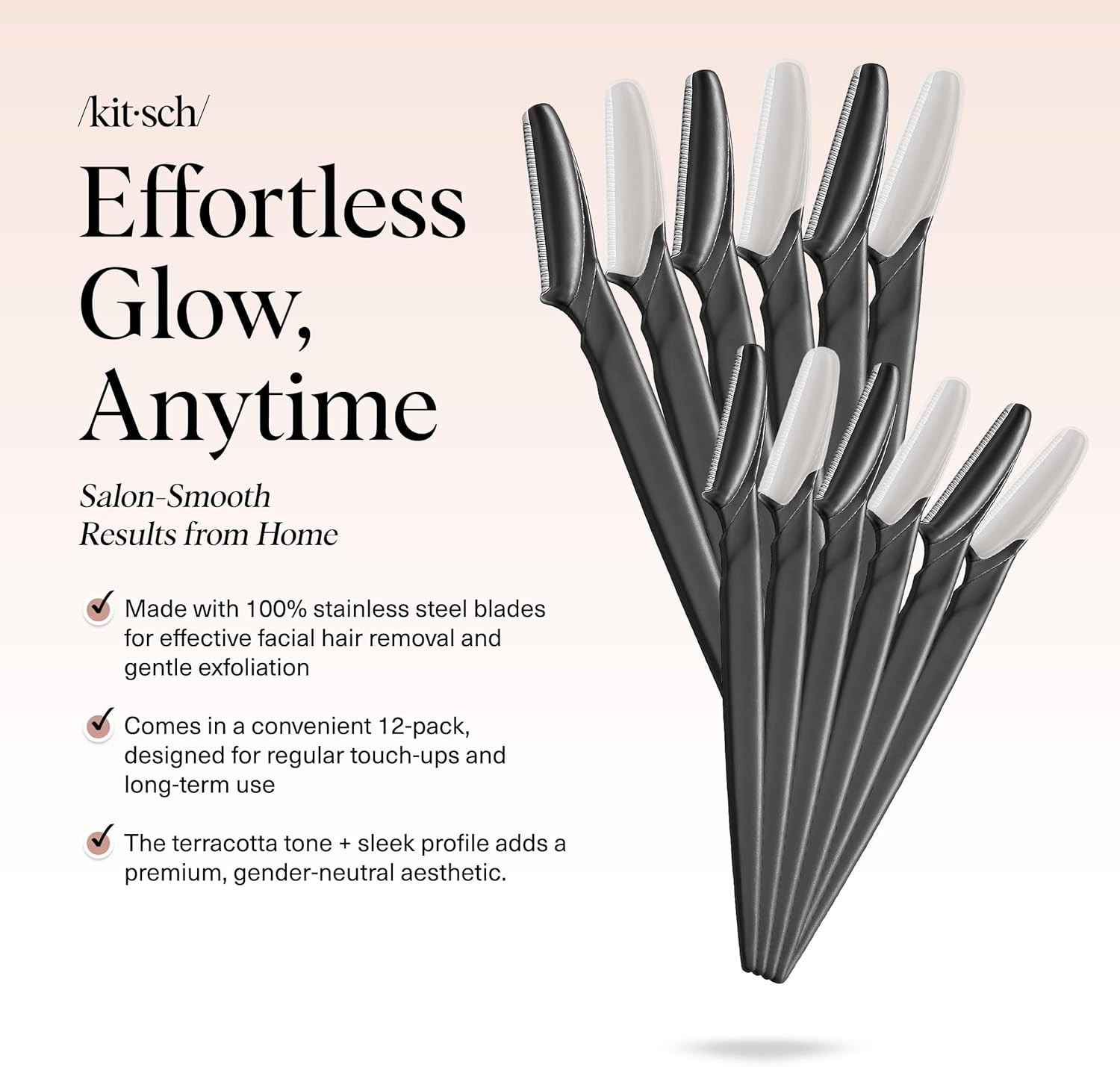 81t9u7TLA5L._AC_SL1500_ (1) Kitsch Dermaplane Razor for Women Face – Face Razors for Women & Men, Eyebrow Trimmer & Face Shaver – Exfoliating Facial Razor & Skin Care Tool for Smoother Skin - Black, 12 pcs - Image 1