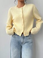 SHEIN BASICS Casual Solid Color Round Neck Long Sleeve Loose Cropped Women Cardigan Sweater, Warm Comfort, Cozy Chic, Daily Commute,Butter Yellow Top In Fall/Winter - Image 7