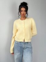 SHEIN BASICS Casual Solid Color Round Neck Long Sleeve Loose Cropped Women Cardigan Sweater, Warm Comfort, Cozy Chic, Daily Commute,Butter Yellow Top In Fall/Winter - Image 3