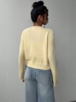 SHEIN BASICS Casual Solid Color Round Neck Long Sleeve Loose Cropped Women Cardigan Sweater, Warm Comfort, Cozy Chic, Daily Commute,Butter Yellow Top In Fall/Winter - Image 5