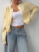SHEIN BASICS Casual Solid Color Round Neck Long Sleeve Loose Cropped Women Cardigan Sweater, Warm Comfort, Cozy Chic, Daily Commute,Butter Yellow Top In Fall/Winter - Image 8
