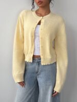 SHEIN BASICS Casual Solid Color Round Neck Long Sleeve Loose Cropped Women Cardigan Sweater, Warm Comfort, Cozy Chic, Daily Commute,Butter Yellow Top In Fall/Winter - Image 4