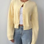 SHEIN BASICS Casual Solid Color Round Neck Long Sleeve Loose Cropped Women Cardigan Sweater, Warm Comfort, Cozy Chic, Daily Commute,Butter Yellow Top In Fall/Winter