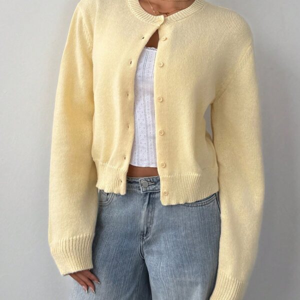 SHEIN BASICS Casual Solid Color Round Neck Long Sleeve Loose Cropped Women Cardigan Sweater, Warm Comfort, Cozy Chic, Daily Commute,Butter Yellow Top In Fall/Winter