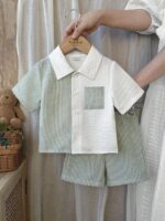 Vintaside Kids Baby Boy Decorated Patch Pocket Lapel Short Sleeve Cardigan And Shorts Set - Image 4