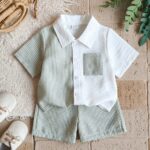 Vintaside Kids Baby Boy Decorated Patch Pocket Lapel Short Sleeve Cardigan And Shorts Set