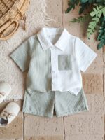 Vintaside Kids Baby Boy Decorated Patch Pocket Lapel Short Sleeve Cardigan And Shorts Set