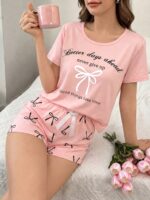 Bow & Letter Print Short Sleeve Shorts Pajama Set - Image 5