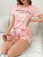 Bow & Letter Print Short Sleeve Shorts Pajama Set - Image 3