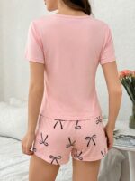 Bow & Letter Print Short Sleeve Shorts Pajama Set - Image 2