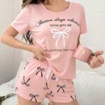 Bow & Letter Print Short Sleeve Shorts Pajama Set