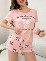 Bow & Letter Print Short Sleeve Shorts Pajama Set