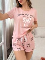 Bow & Letter Print Short Sleeve Shorts Pajama Set - Image 4